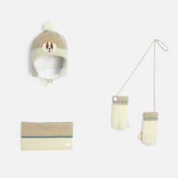 قبعة + سنود + قفازات بلا أصابع مزينة بوجه كلب باللون البيج للفتيات الصغيرات